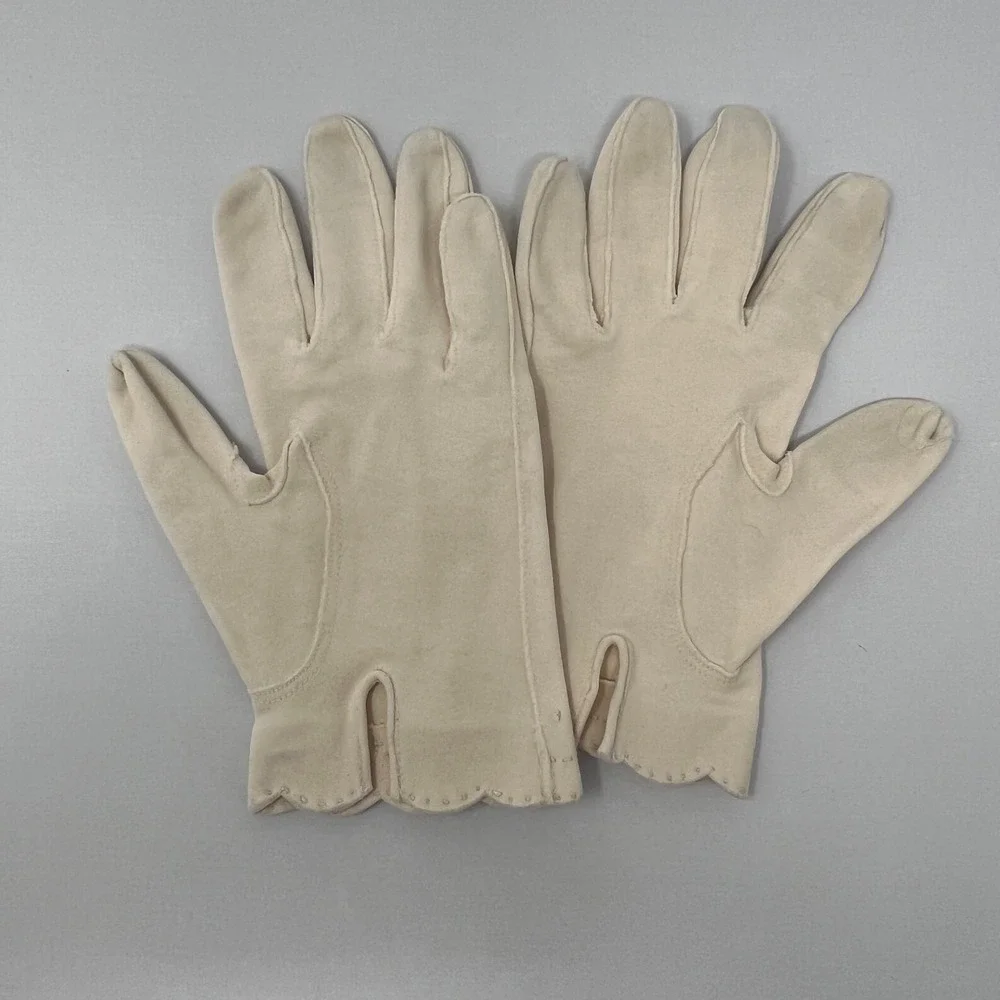 Vintage Womens Gloves White Beige Two Pair‎ Rhinestone Beads Embroidered